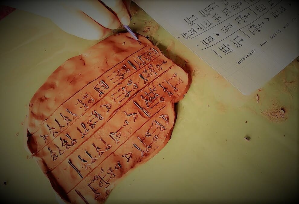 Mano escribiendo en una tablilla de arcilla blanda