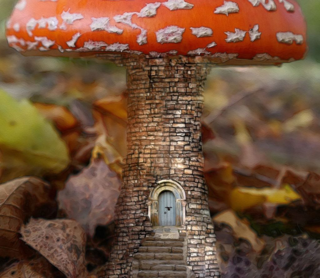 Seta roja con motitas blanccas con una puertecita y unas escaleras pequeñas para descender de la puerta
